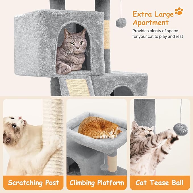 34'' Small Cat Tree with 2 Condos, Sisal Scratching Posts & Board, Multi-Level Climbing Tower for Indoor Cats, Sturdy Light Grey Cat Activity Center - Light Gray