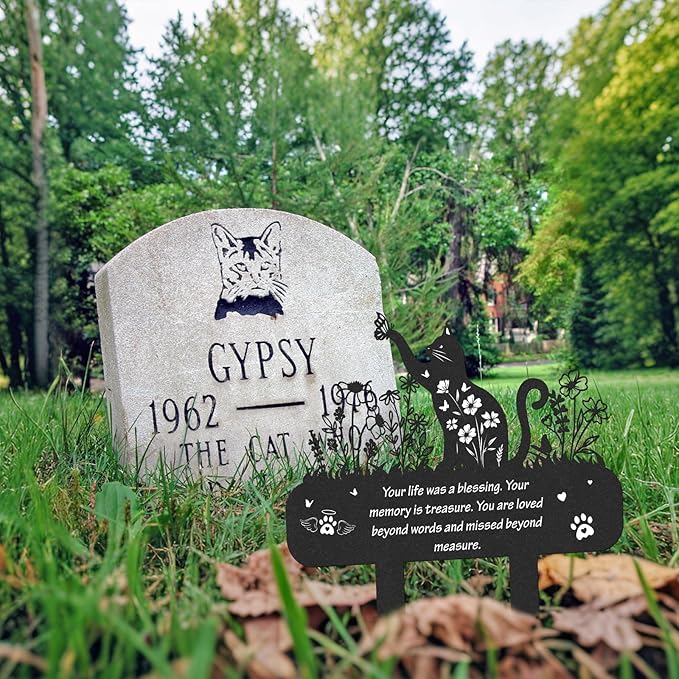 Cat Memorial Grave Stakes - Metal Wildflower Loss Pets Cemetery Markers Decorations for Humans Black Butterfly Lover Plaques Decor for Outdoor Garden Waterproof Sympathy Yard Remembrance Gift