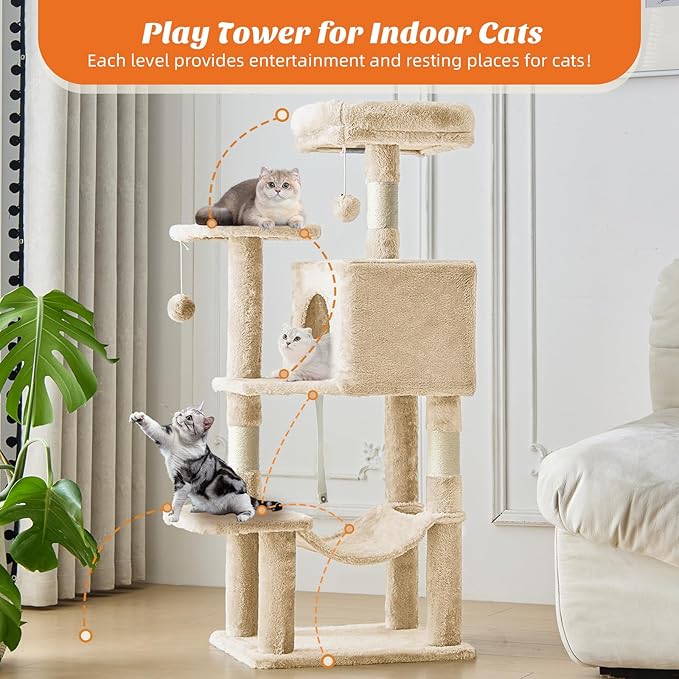 Cat Tree Tower 44 Inch, Small Cat Tower with Condo, Hammock, Sisal Scratching Posts, Extended Perch, Pet Play House for Indoor Kittens and Cats, Beige