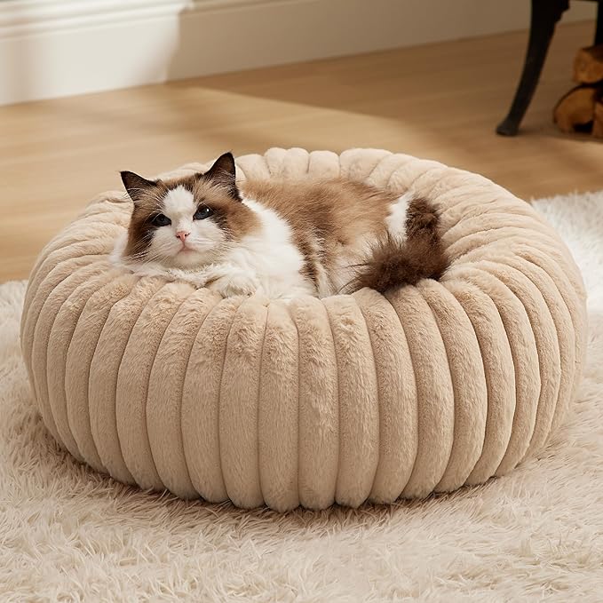 Bedsure ComfyFleece™ Cat beds for Indoor Cats - Donut Dog Beds for Small Dogs with Corduroy Fleece & Anti Slip Bottom, Faux Fur Pet Beds with Washable Removable Cover, Sandy Beige, 20x20x6 inches