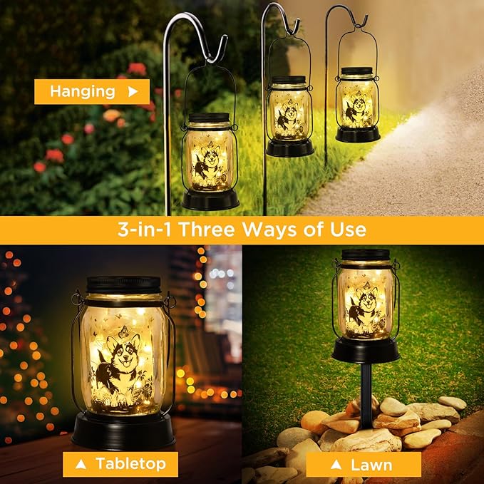 kyoryuger Corgi Gifts for Women/Men Corgi Solar Lanterns Dog Mom Birthday Dog Lovers Lantern Pet Loss Pet Memorial Lights Solar Garden Decoration for Yard, Patio,Backyard,Porch Torches