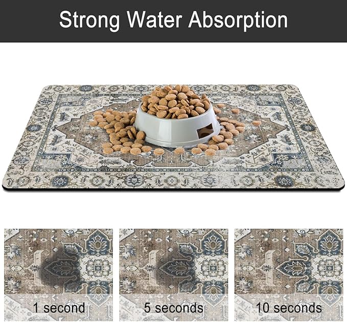 Dog Food Mats for Floors, Absorbent and Quick-Drying Pet Cat Food Mat,Anti-Fouling and Easy-to-Clean Pet Feeding Mat,Dog Bowl Mat for Messy Drinking Water Bowls.17 x32, Bohemia Style