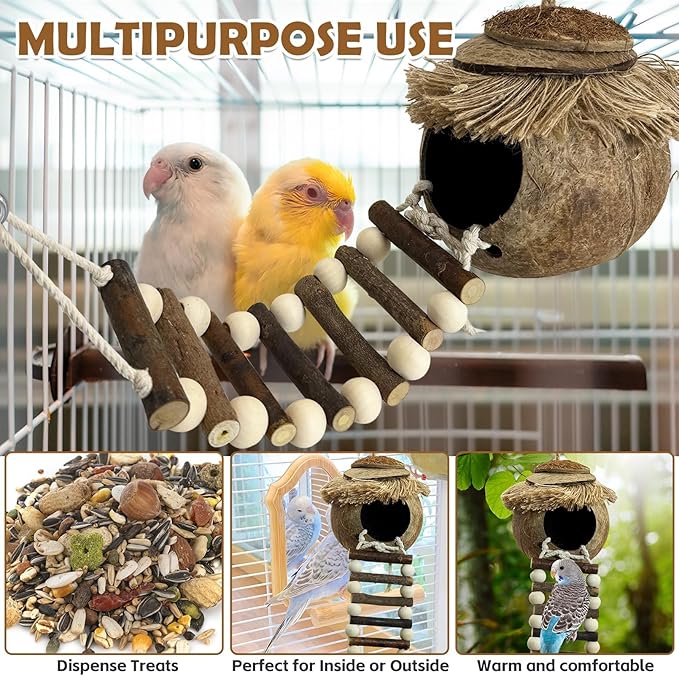 PINVNBY Hanging Coconut Bird Nest Hut with Ladder, Natural Coconut Hide Lovebird House Fruit Wood Bird Swing for Parakeet Cockatiel Budgie Conure Canary Finch Budgies