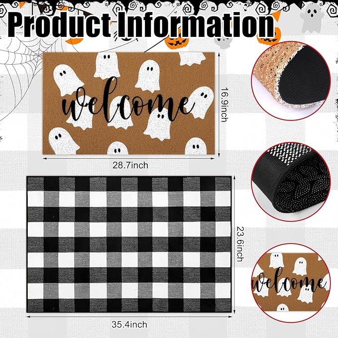 Tinideya 2 Pcs Door Mat Welcome Non Slip Coir Mats Floor Layering Doormats Seasonal for Front Porch Entryway Decor(Plaid Ghost)