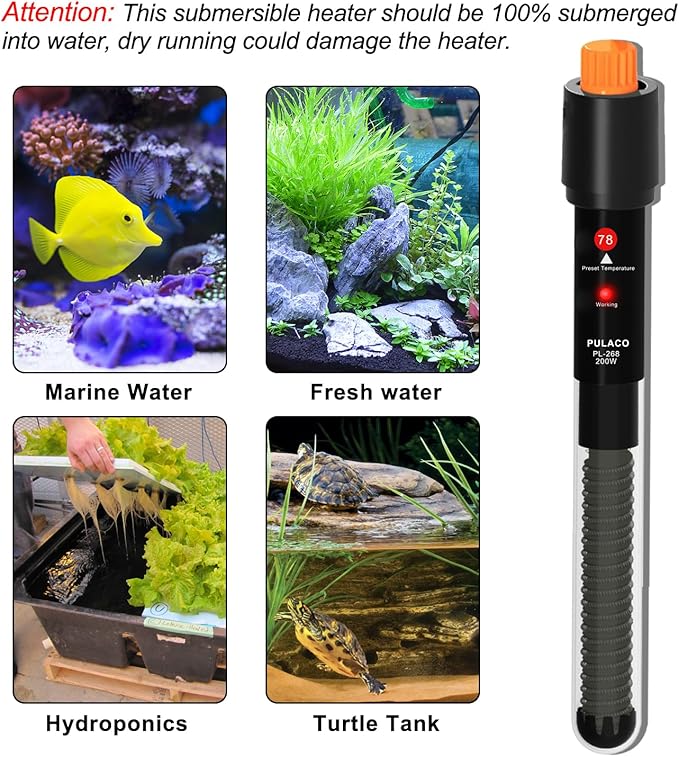 PULACO 200Watt Aquarium Heater for 25-50 Gallon Fish Tank, Adjustable Submersible Heater Thermostat with Thermometer Strip and Suction Cup