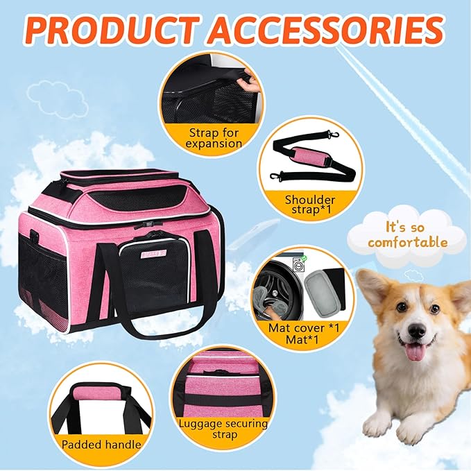 Petskd Top and Side Expandable Pet Carrier 18x11x11 Inches Delta United Airline Approved, Soft-Sided Carrier for Small Cats and Dogs with Locking Safety Zippers and Anti-Scratch Mesh(Pink)