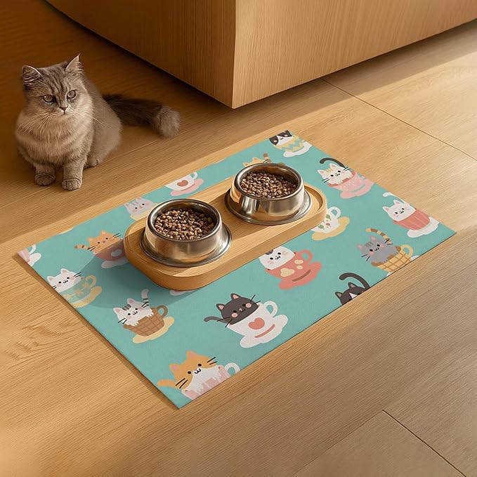 Cat Feeding Mat 24x16 inch Teacup Kitten Print Pet Bowl Placemat Non Slip Floor Mat for Food and Water Indoor Kitty Feeding Station Cute Meal Pad for Small Pets Kitchen Use