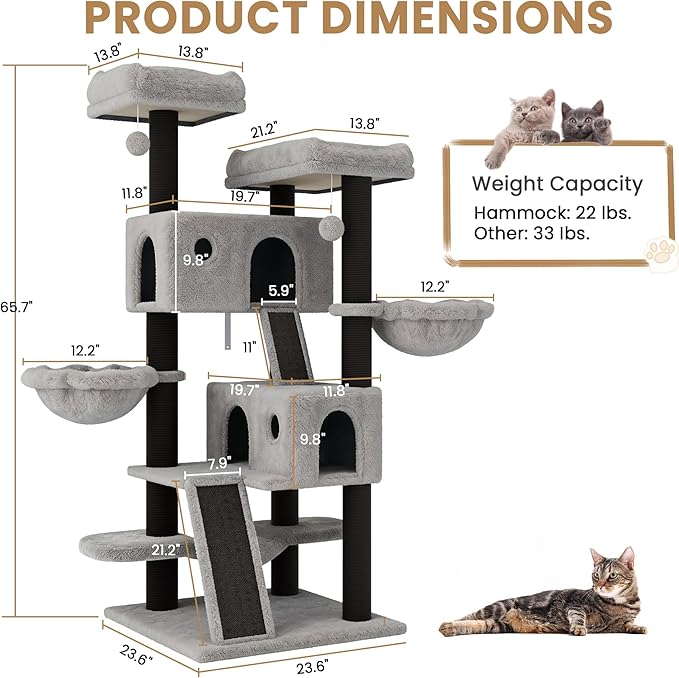 SHA CERLIN 65in Larger Cat Tree Tower Condo for Indoor Kitties/Multi-Level Furniture Activity Center with Wide Base/Cozy Plush Perches/Baskets/Sisal Scratching Posts and Hammock/Black & Grey