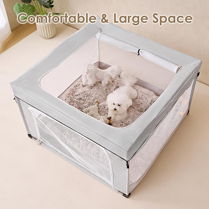 EHEYCIGA 42x42x26 Inches Puppy Playpen with Top Cover for Dogs & Cats Indoor or Outdoor - Dog Playpen with Door, Dog Fence for Small Animal with Heavy-Duty Oxford & Steel Frame, Sliver Grey
