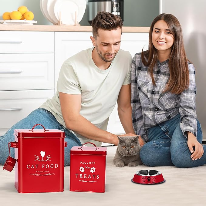 Meraki Home Farmhouse Cat Food and Treats Containers + Feed Scoop + Pet Food Bowl - Tight Lids - Large Metal Storage Bin - Great Gift for Cute Pets (Glossy Red)