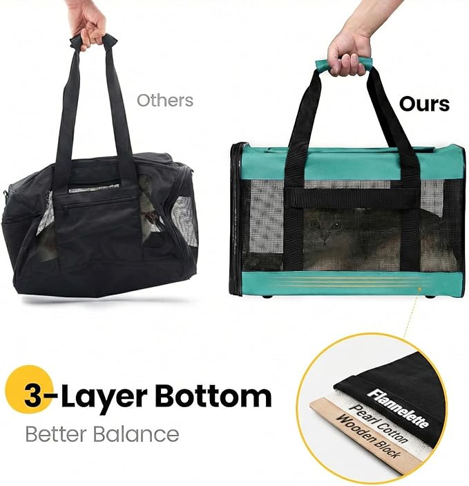 Cat Carrier Airline Approved, Soft-Sided Dog Carrier with Inner Safety Leash, Pet Transport Carrier for Small-Medium Cats Puppies up to 15 Lbs,Travel Kitten Carrier Bag -Turquoise,M