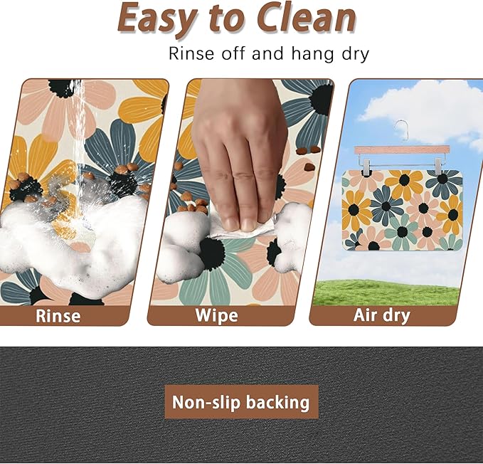 Abstract Daisy Flower Dog Food Mat for Floors,Retro Groovy Flowers Absorbent Pet Food and Water Bowl Mats,Non-Slip Pet Feeding Mat,Pet Supplies 16" x 24"