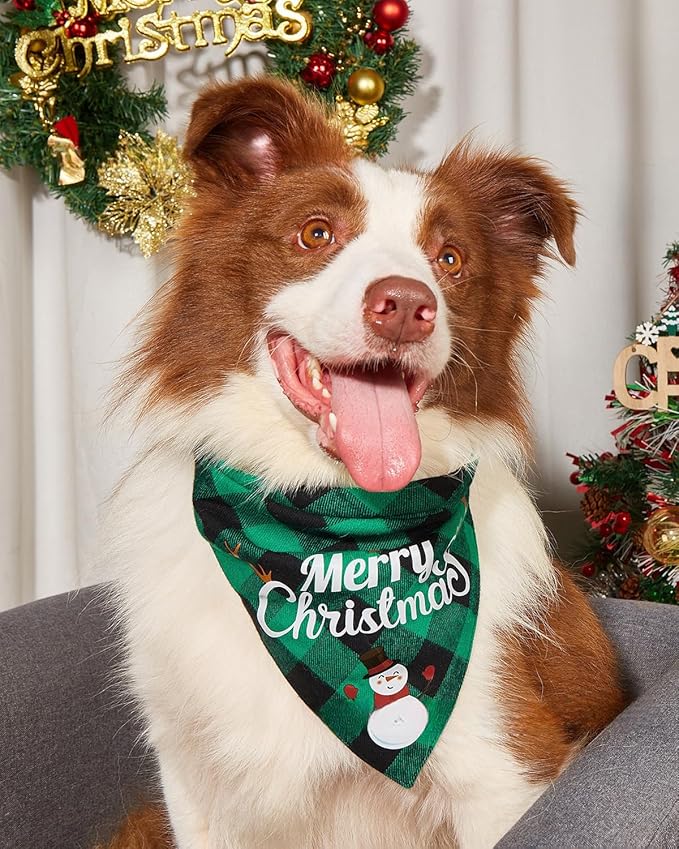 Christmas Dog Bandanas 2PCS-XLarge,Classic Plaid Triangle Holiday Scarf with Santa and Snowman Prints,Winter Pet Outfit for Boy and Girl Dogs,Red Green Plaid Dog Costume for Extra Large Dogs