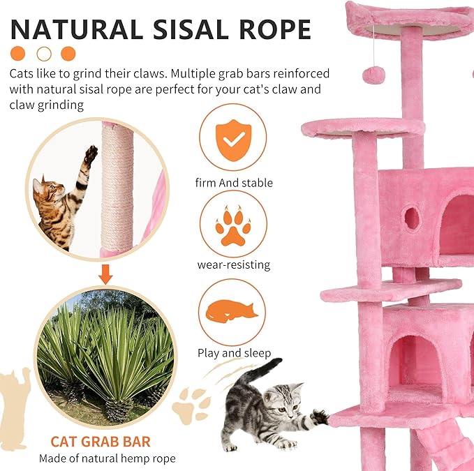70 Inch Pink Cat Tree, Tall Cat Tower with 2 Condos, 3 Scratching Posts, Multi-Level Platforms - Sturdy Climbing Structure Tall Cat Tower for Indoor Cats