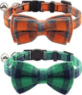Joytale Upgraded Cat Collar with Bells, Breakaway Cat Collars with Bow Tie, 2 Pack Girl Boy Safety Plaid Kitten Collars, Green+Orange