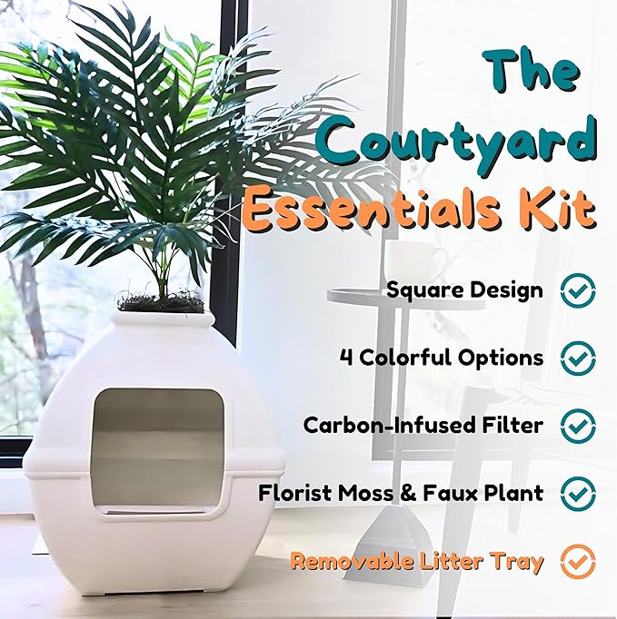 Good Pet Stuff Hidden Litter Box Planter, Decorative Cat Litter Enclosure with Carbon Filter, Artificial Plant, Easy Clean, Indoor Design, Courtyard Square Style, Essentials Kit, White Birch