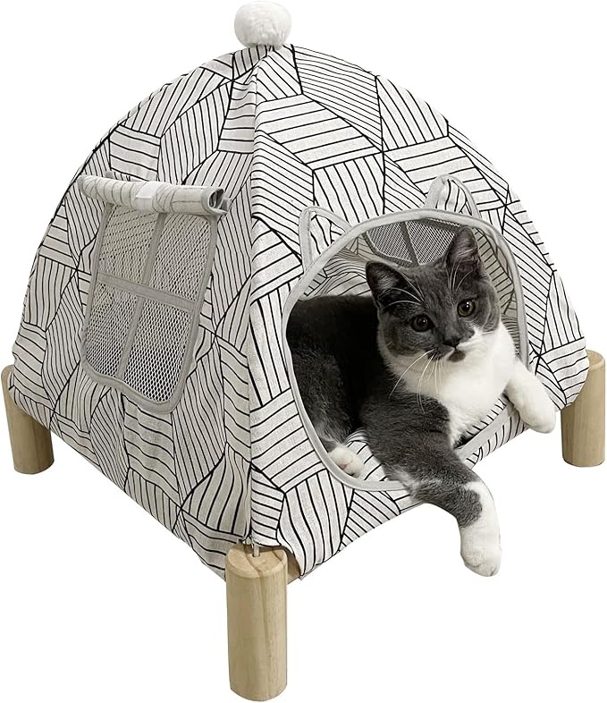 Pozico 2-in-1 Cat Bed Tent with Wooden Frame – Cat Teepee & Hammock, Portable Indoor/Outdoor Pet Tent for Cats, Kittens, Small Dogs, and Small Animals – Quick Assembly, White Diamond Design