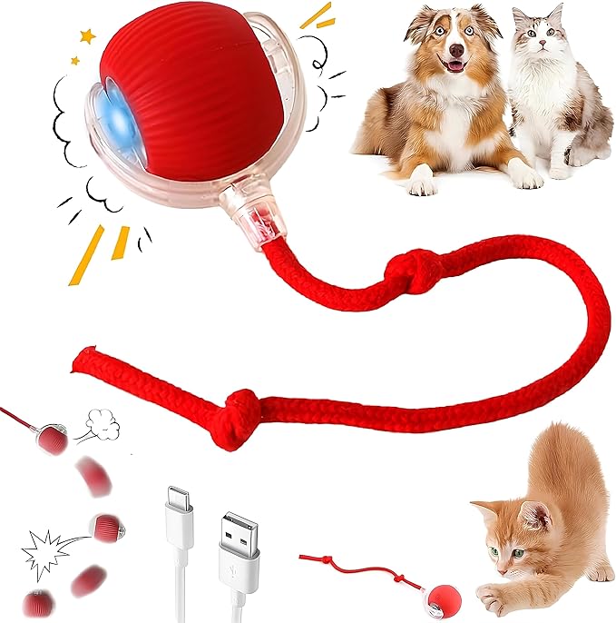 Purrmitive 2026 Durable Interactive Cat Toys for Indoor Cats, Dog Toys Ball, Rolling Pet Ball, Smart Automatic Cat Chase Balls Toy, Interactive Dog Toys Speedy Tail,Kitten & Cat Toys Interactive (Red)
