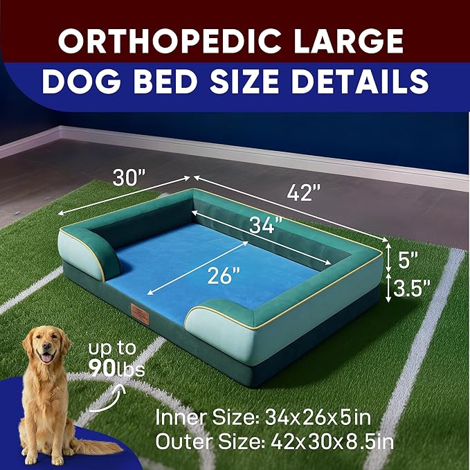 Comfort Expression Orthopedic Dog Bed for Extra Large Dogs 42x30 Inch, Waterproof Egg Crate Foam XL Pet Bed with Removable Bolsters, Dog Couch with Washable Cover & Non-Slip Bottom, Seattle