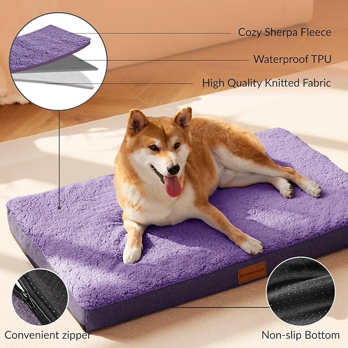 Patas Lague Orthopedic XL Dog Bed Large Sized Dog 42''X28'', Soft Waterproof Egg Crate Foam Large Pet Crate Beds Mat with Removable Washable Cover and Non-Slip Bottom, Purple