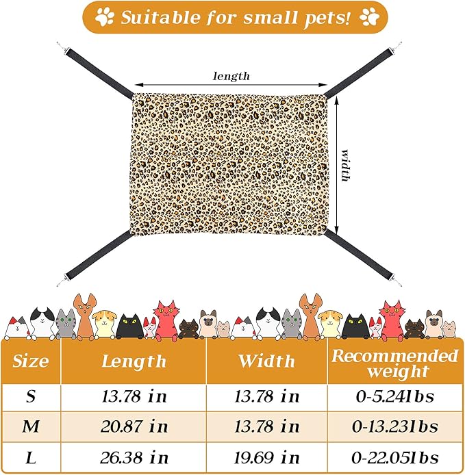 Jetec 2 Pieces Reversible Cat Hanging Hammock Soft Breathable Pet Cage Hammock with Adjustable Straps and Metal Hooks Double Sided Hanging Bed for Small Dogs Rabbits(Leopard and Dot,M)