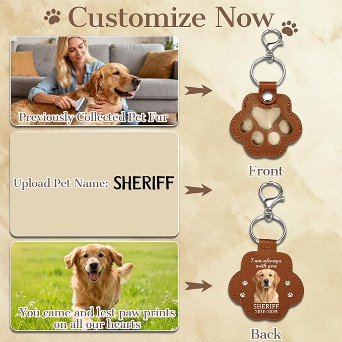 Eunigem Personalized Pet Memorial Gifts for Dogs Cats-Custom Dog Hair Keychain Paw Keychains for Dog Fur-Shaped Leather Keychain,Remembrance Accessory Pet Hair Keepsake for Bag or Key