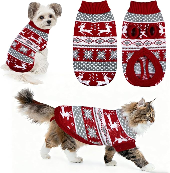 Dog Christmas Sweater Pet Winter Warm Coat Pajamas Small Dog Sweaters Reindeer Snowflake Christmas Sweater for Large Cats Small Dogs (Reindeer, XL)