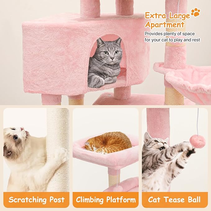 58" Cat Tree Tower for Indoor Cats, Multi-Level Activity Center with Scratching Posts, Hammocks, Top Perch, Dangling Ball & Cat Condo, Soft Pink