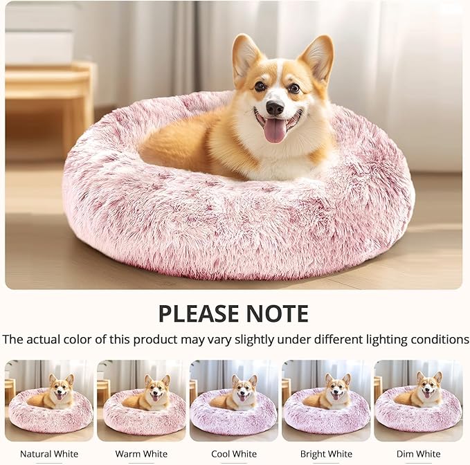 JOLLYVOGUE Calming Dog Bed Medium Size Dog, Anti-Anxiety Donut Medium Pet Bed, 31 inches Fluffy Faux Fur Round Cat Bed, Fits up to 45 lbs Pets (Smoke Pink)