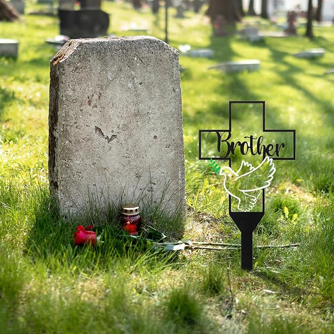 BUoonyer Garden Stake Graves Cemetery Decorations, Brother Metal Memorial Grave Markers, Cross Graveyard Commemorative Plaque for Boy, Dove Remembrance Sympathy Graveside Decor Sign for Outdoor Yard