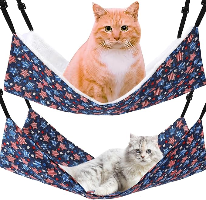 Cat Hammock for Cage Hanging Reversible 2Pack,Pet Hammock Bed Adjustable,Soft Sleeping Hammock for Cats,Ferret,Puppy,Rabbits,Small Animals (M, Stars)