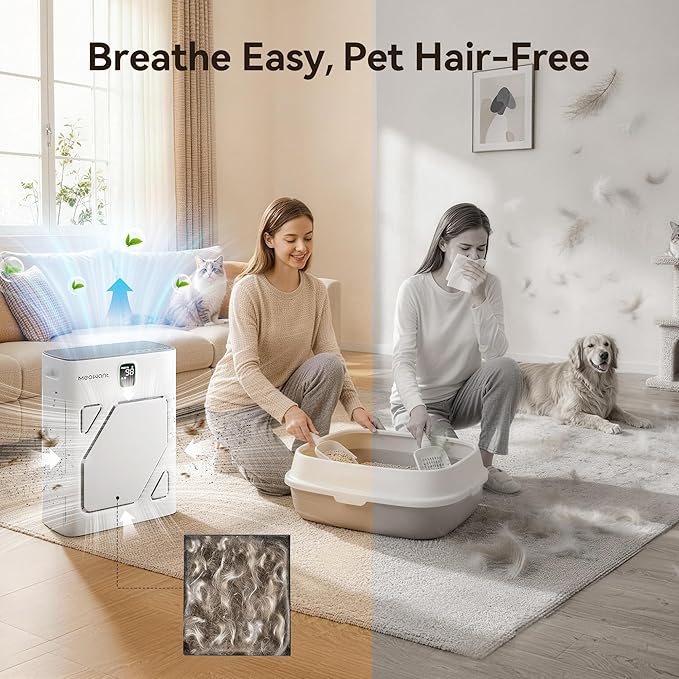 Meowant Air Purifier for Home Large Room 2600ft², H13 HEPA Filter, Double Air Intake, PM2.5 Air Quality Display, Auto Mode, Washable Pre-Filter, 2X-Purification For Pet Hair Dander Odor Dust, White