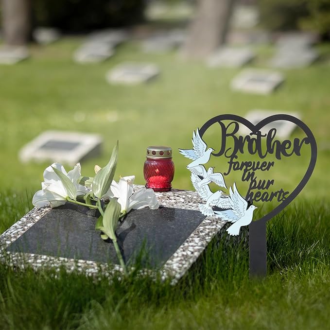BUoonyer Stake Graves Cemetery Decorations - Brother Metal Memorial Grave Markers, Heart Graveyard Sympathy Plaque for Boy, Dove Remembrance Graveside Burial Decor Sign for Outdoor Outside Yard Garden