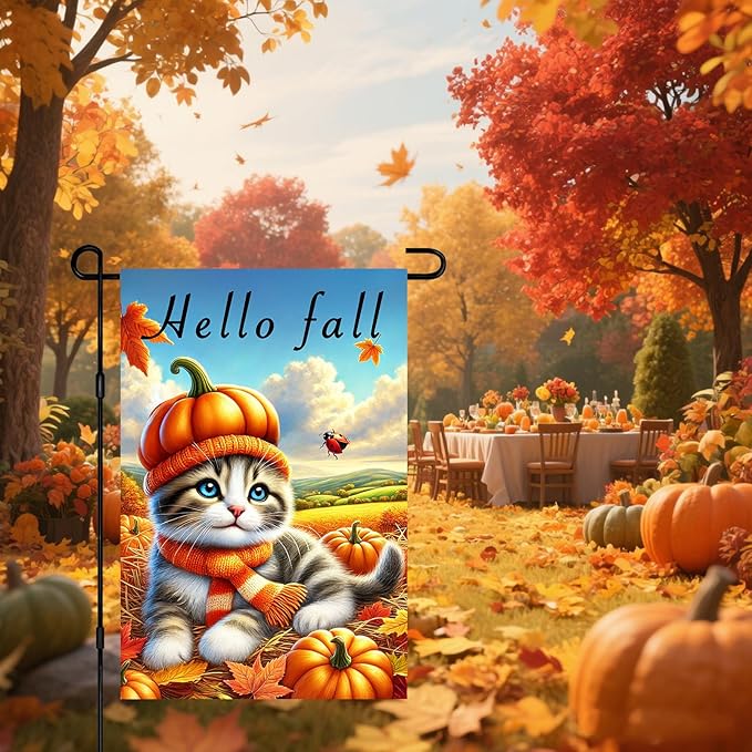 Hello Fall Garden Flag Cute Kitten Pumpkin Hat Scarf Flag 12x18 Inch Autumn Pet Decor Double Sided Outdoor Banner For Front Yard Porch Lawn Patio Seasonal Home Decor for autumn