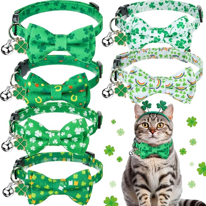 Hsei 6 Pcs St. Patrick's Day Cat Collar Bulk with Bow Tie Bell Irish Lucky Shamrocks Clover Green Hats Rainbows Kitten Adjustable Breakaway Bowtie Collar for Cats Small Dog Holiday Party Favors Gifts