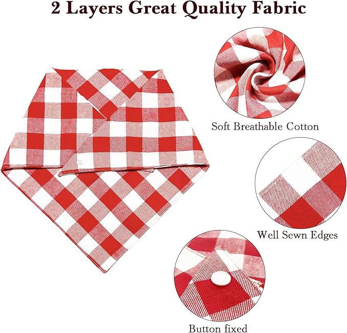 Christmas Plaid Dog Bandana with Button, Fall Dual Layer Scarf Soft Cotton Triangle Bib Girls and Boys Kerchief Adjustable Accessories for Small Medium Large Extra Large Dog Puppy Pet Cat