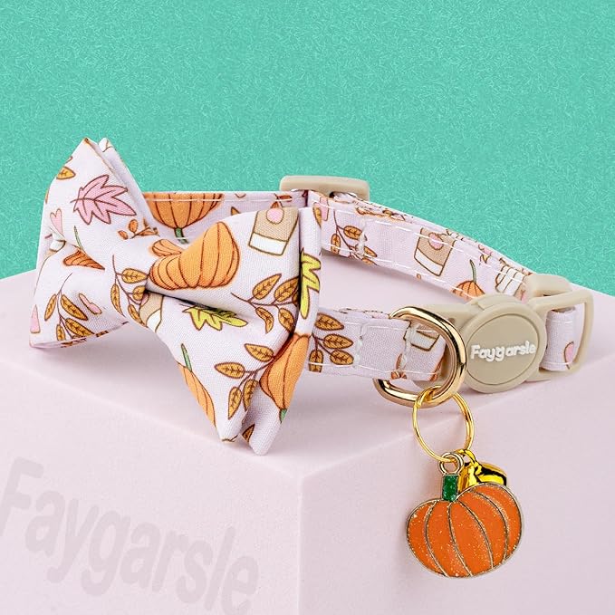 Faygarsle 2 Pack Fall Pumpkin Cat Collar with Bow Tie and Bell, Breakaway Safety Buckle, Pink and White
