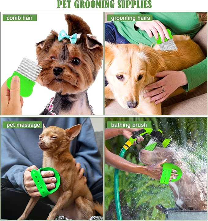 Dog Wash Sprayer Outdoor, 8-in-1 Dog Sprayer Hose Attachment with Massage Brush and Pet Grooming Comb, 3/4 Inch Standard Garden Hose Nozzle for Watering Flowers, Car Washing, Pet Bathing(Green)