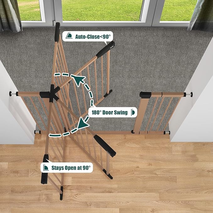 keny 29.7"-46" Baby Gate for Stairs, Auto Close Dog Gates for Doorways, Pressured Mounted No Drilling Pet Gate Extra Wide, Easy Walk Thru Stair Gate, 30" Tall, Brown