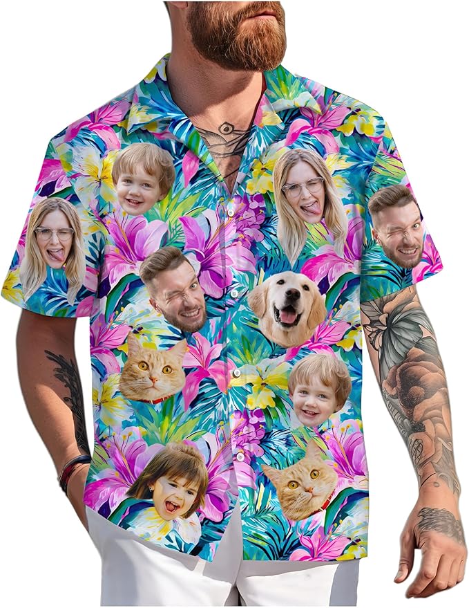 Custom Hawaiian Shirt with Face Photo Picture for Men Women Kids Youth Adult, Tropical Personalized Hawaiian Shirts Gift