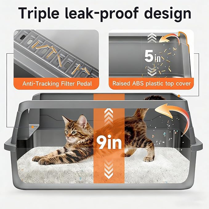 Stainless Steel Cat Litter Box, Odor Free Metal Litter Box with High Sides Lid, Open Top Low Entry Litter Pan Include Scoop Easy Cleaning Anti-Scratch Kitty Cat Box Anti-Urine Leakage, Non-Sticky