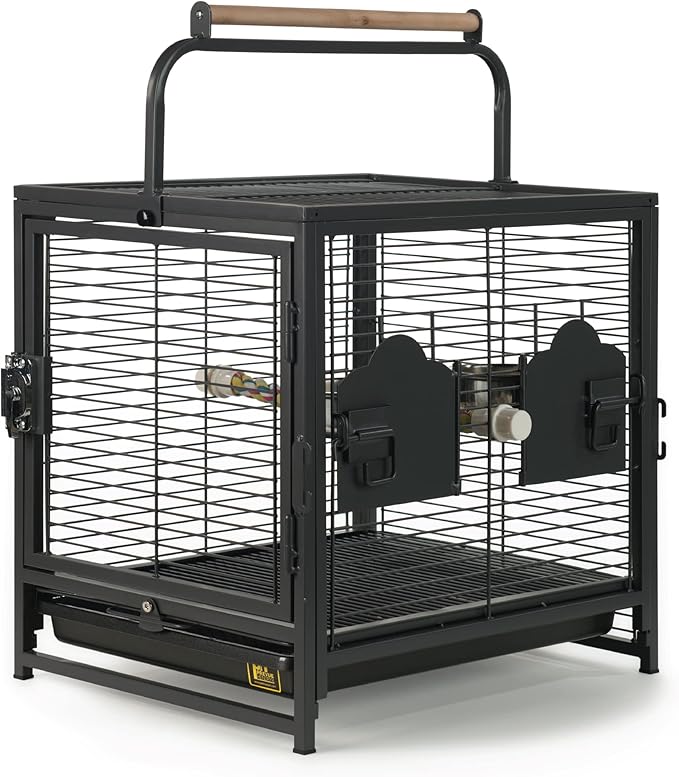 Prevue Pet Products Playtop Travel Carrier - Outdoor Travel Bird Cage for Small Parrots & Birds, Front Facing Door, Rope Perch, Lightweight & Portable, Easy Transport - Black