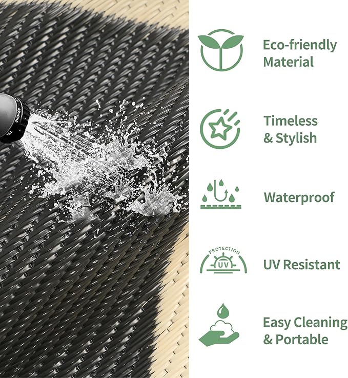 GENIMO Outdoor Rug for Patio Clearance, 6'x9' Reversible Geometric Plastic Straw Rugs, Lightweight Waterproof RV Camping Mat for Camper, Balcony, Deck, Backyard, Picnic, Black Beige