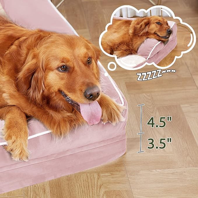 Orthopedic Dog Beds for Large Sized Dogs, Waterproof Egg Crate Foam Large Dog Couch Beds with Comfy Bolster 36x27Inch, Washable Pet Beds with Removable Cover and Nonskid Bottom, Pink