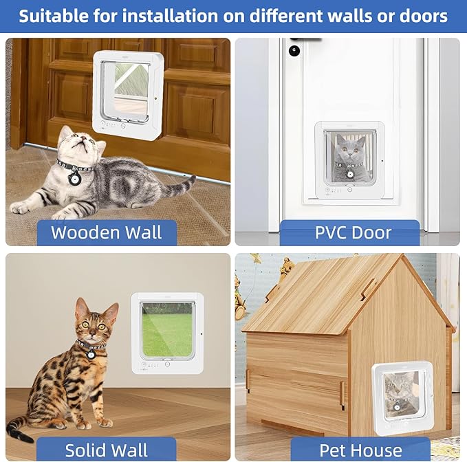Smart Cat Door for Interior & Exterior, Cat Pet Door with 3 Collar Sensor Keys & 1 Remote Control & 4 Way Locking Cat Flap with RFID Collar Activated Opening