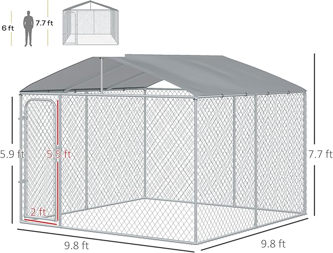 PawHut Outdoor Dog Kennel, Heavy Duty Dog Run Outdoor Fence with Waterproof Cover, Galvanized Chain Link, Secure Lock, 9.8' x 9.8' x 7.7'