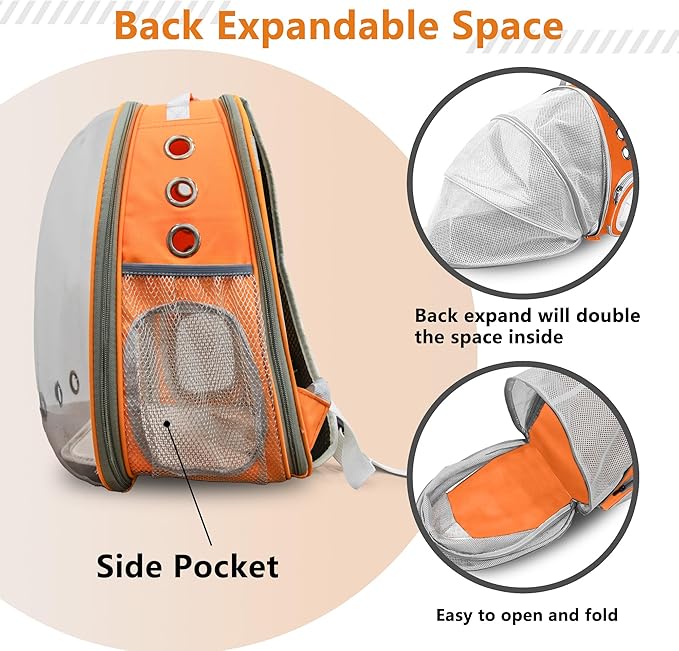 Cat Backpack Carrier Back Expandable Bubble Pet Carrier Backpack for Large Cat, Kitten and Dog, Designed for Hiking, Travelling and Outdoor Use (Back Expandable-Orange)