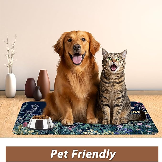 Wildflower Spring Floral Dog Cat Food Mat,Garden Flowers Absorbent Pet Feeding Mat for Food and Water,Non-Slip Dog Bowl Mats Floor Protector 12"x20"