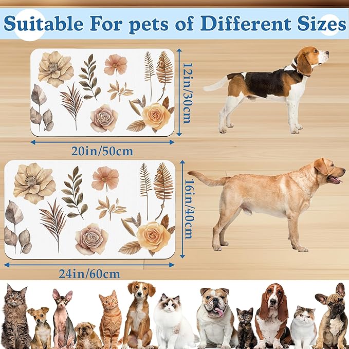 Floral Palm Leaves Dog Cat Food Mat–Christmas Stocking Absorbent Waterproof Placemat for Food and Water Bowls, Non Slip Rubber Backing, Feeding Mat for Clean Floors 12"x20"