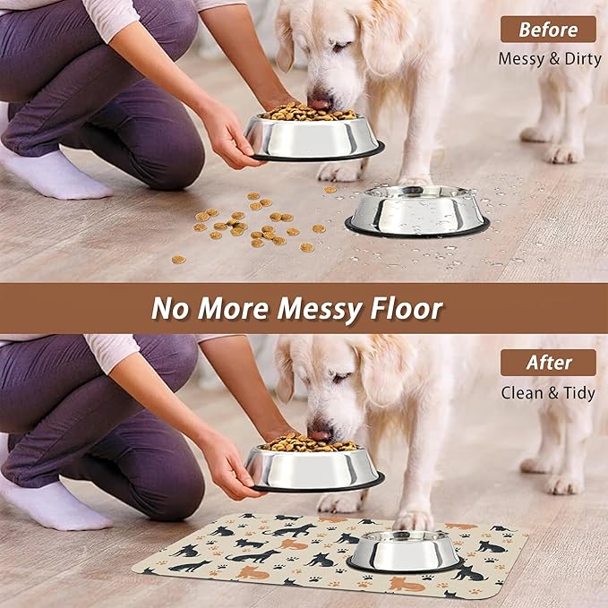 Cute Cat Paw Prints Dog Food Mat for Floors,Vintage Boho Absorbent Pet Food and Water Bowl Mats,Non-Slip Pet Feeding Mat,Pet Supplies 12" x 20"